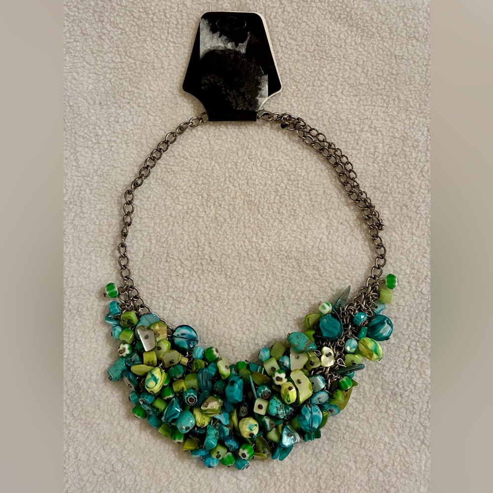 Cluster Statement Bib Necklace Blue Green Bead Stone Silvertone Adjustable Boho